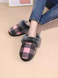 Plaid Furry Round Toe Flat Slippers