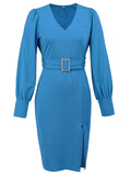 Slit V-Neck Long Sleeve Knee Length Dress