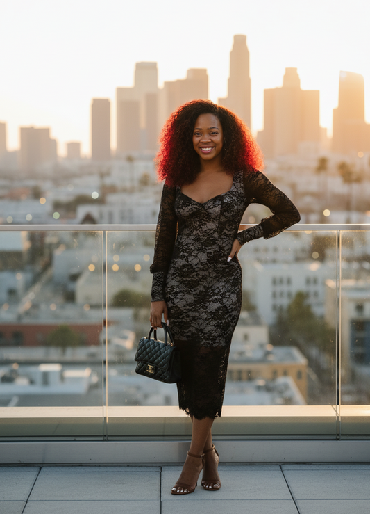 Perfee Lace Sweetheart Neck Long Sleeve Midi Dress