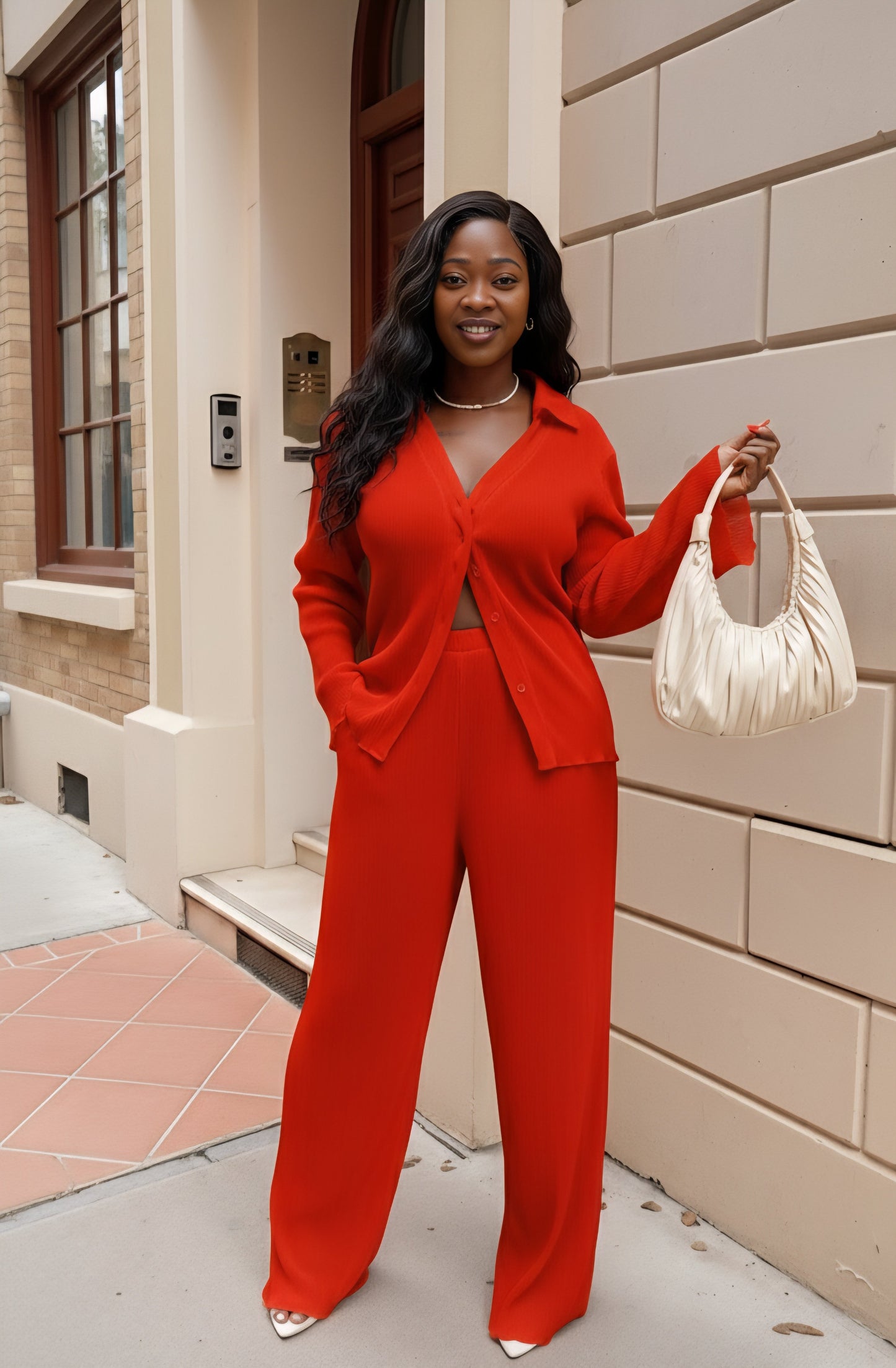 Textured Button Up Collared Neck Top and Pants Set