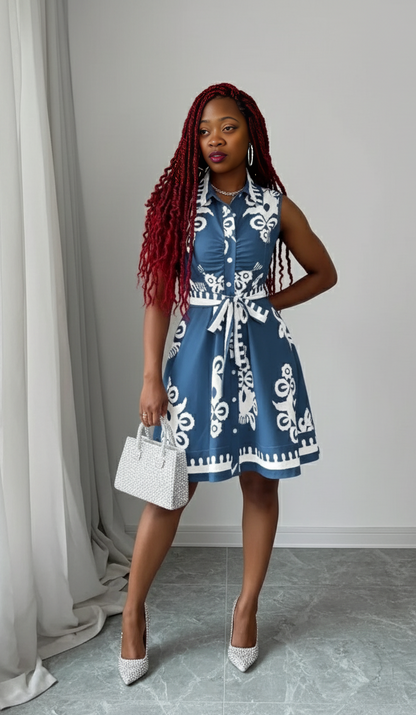 Printed Sleeveless Tie Waist Mini Dress