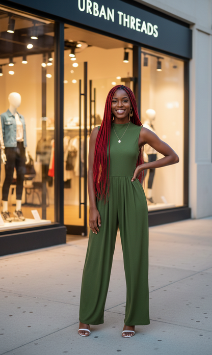 Mock Neck Sleeveless Wide Leg Jumpsuit