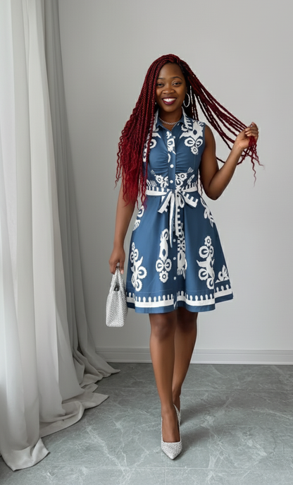 Printed Sleeveless Tie Waist Mini Dress