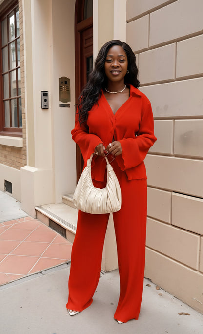 Textured Button Up Collared Neck Top and Pants Set