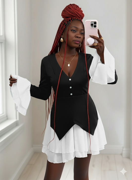 Two Tone V-Neck Long Sleeve Mini Dress