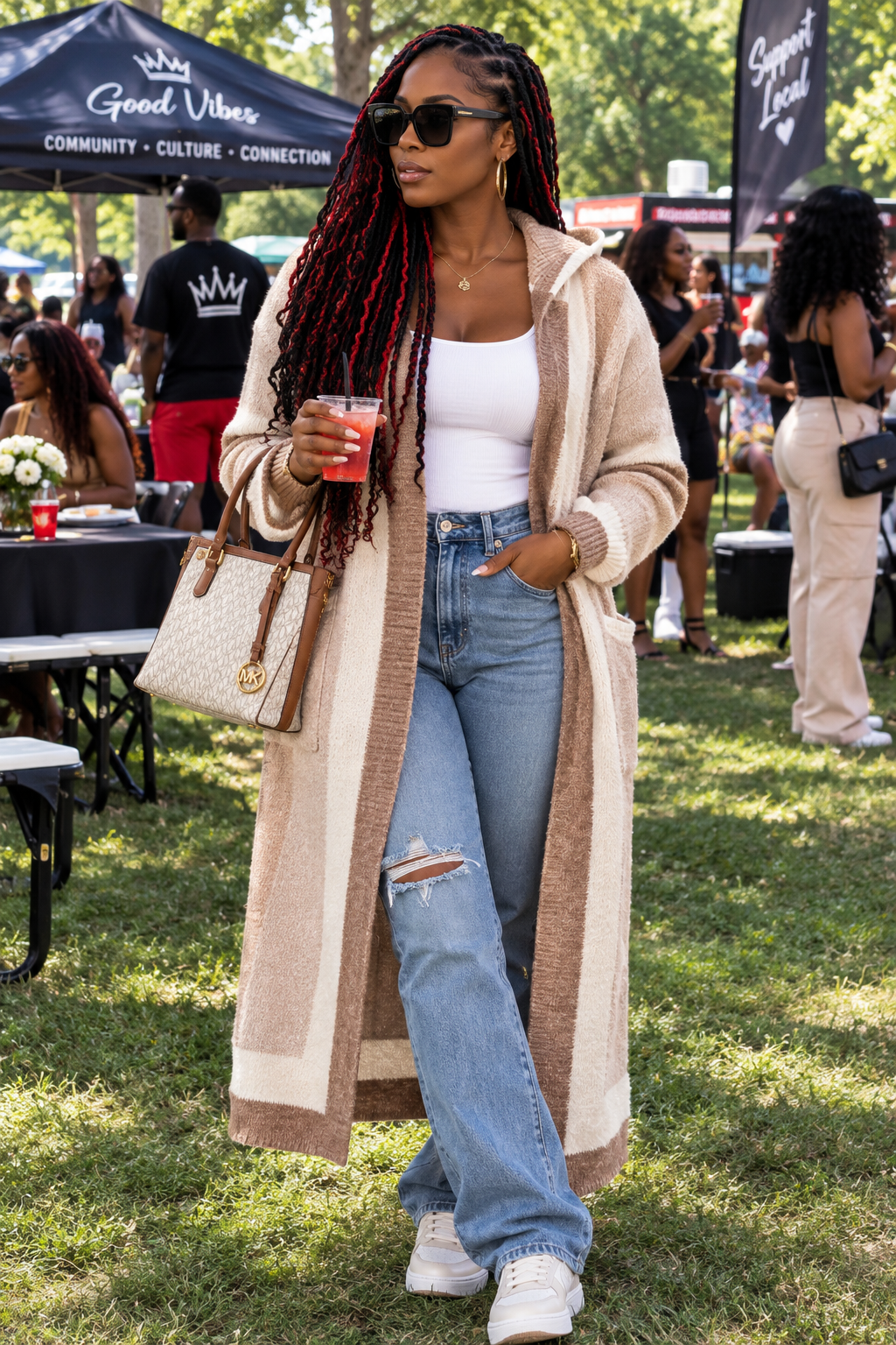Pocketed Contrast Long Sleeve Hooded Cardigan