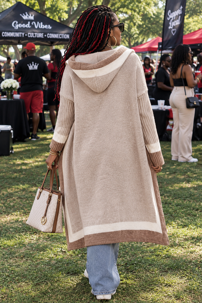 Pocketed Contrast Long Sleeve Hooded Cardigan
