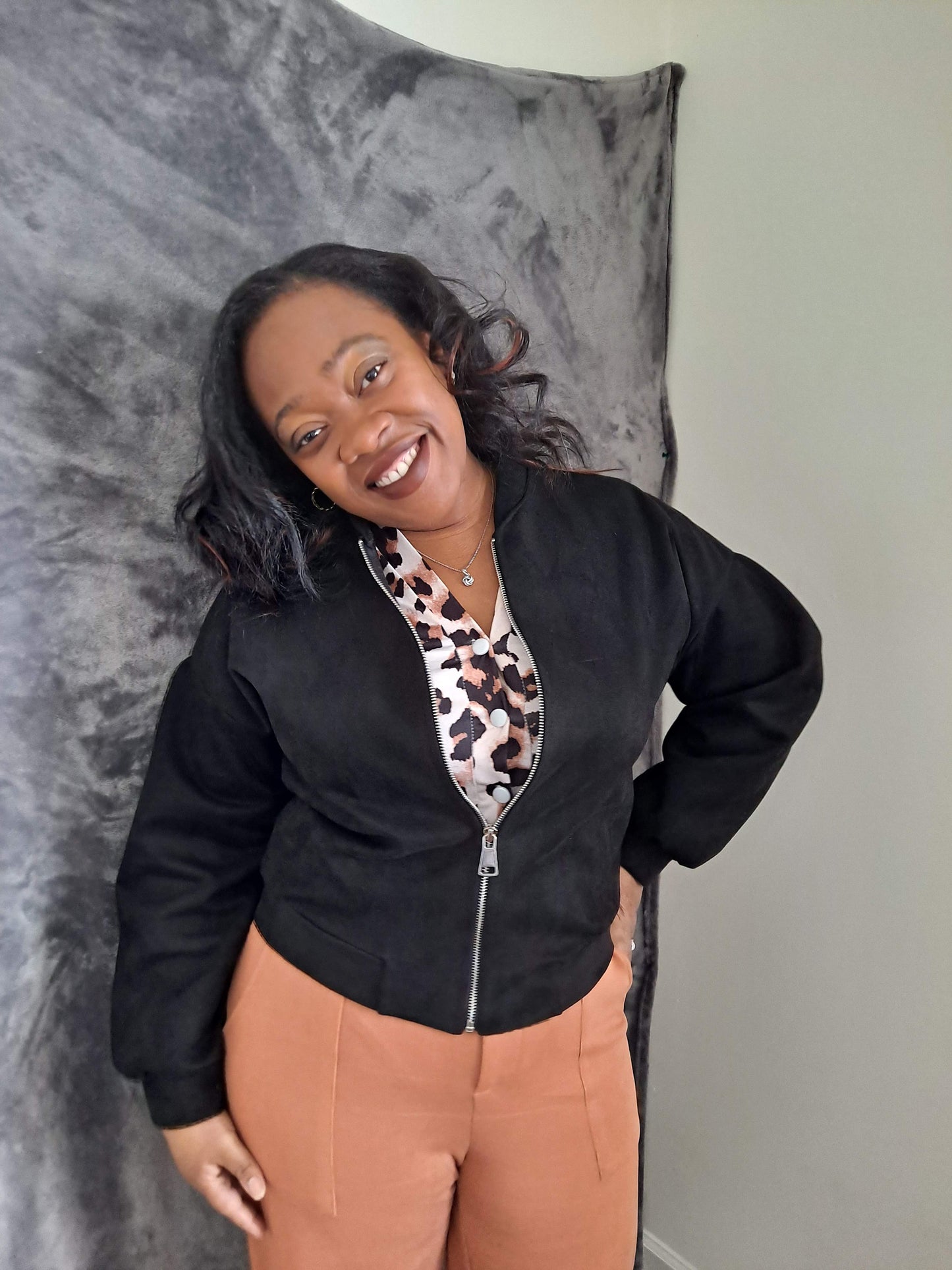 Black Faux Suede Zip Front Pleat Sleeve Bomber Jacket