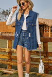 Sleeveless Button-Up Collared Denim Top with Pockets