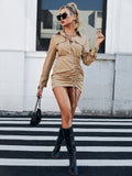 Ruched Drawstring Half Button Mini Shirt Dress