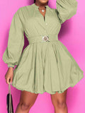 Notched Button Up Balloon Sleeves Dress