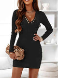 V-Neck Long Sleeve Ribbed Dress