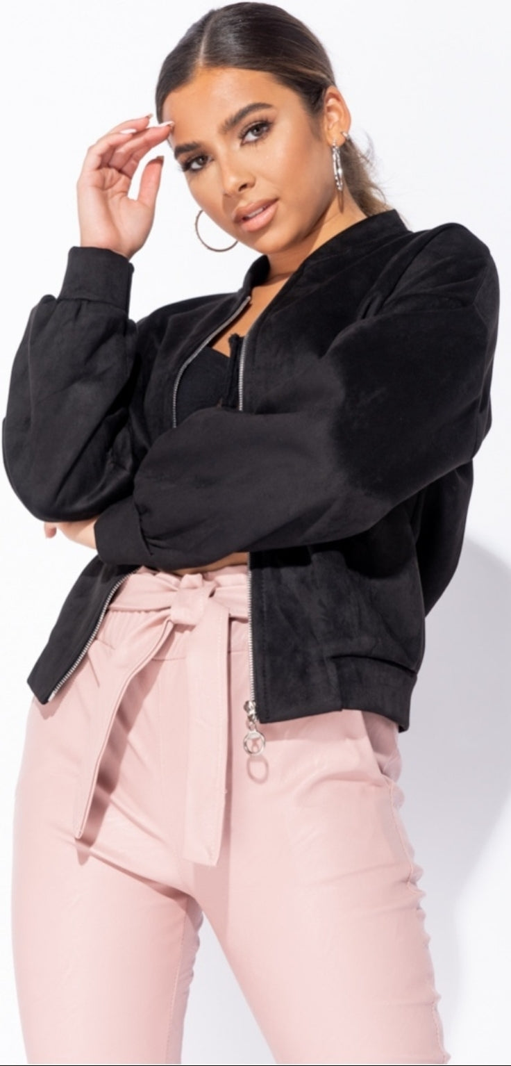 Black Faux Suede Zip Front Pleat Sleeve Bomber Jacket
