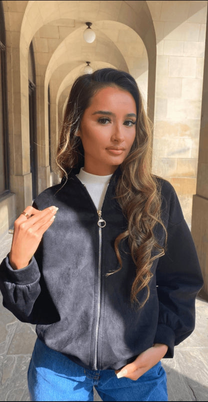 Black Faux Suede Zip Front Pleat Sleeve Bomber Jacket