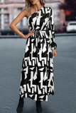 Printed One-Shoulder Tie Waist Dress