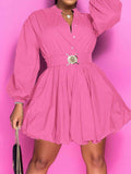 Notched Button Up Balloon Sleeves Dress